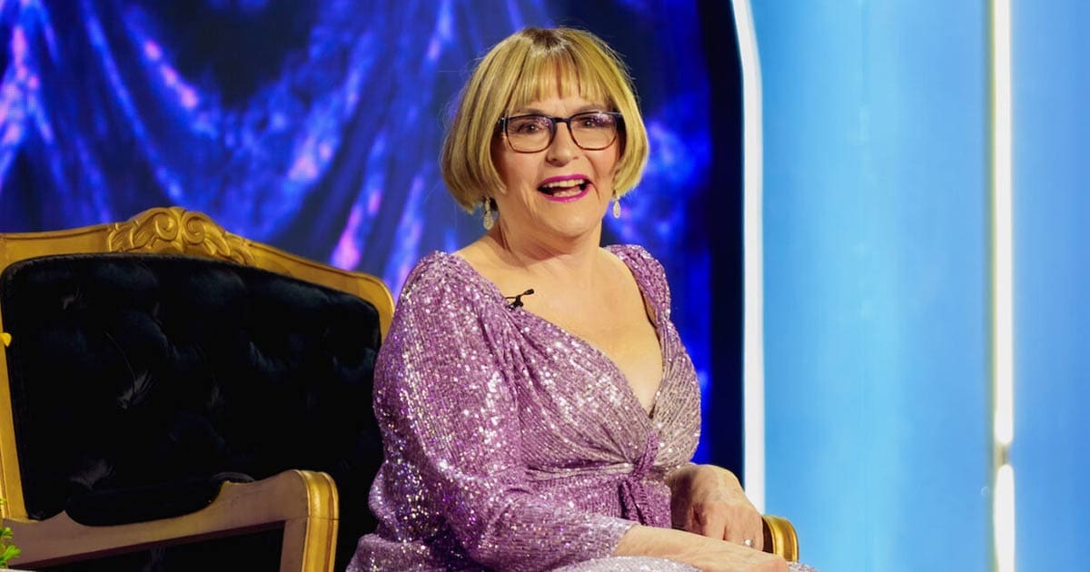 A photo of the DA's Helen Zille smiling in her comedy roast special on Showmax
